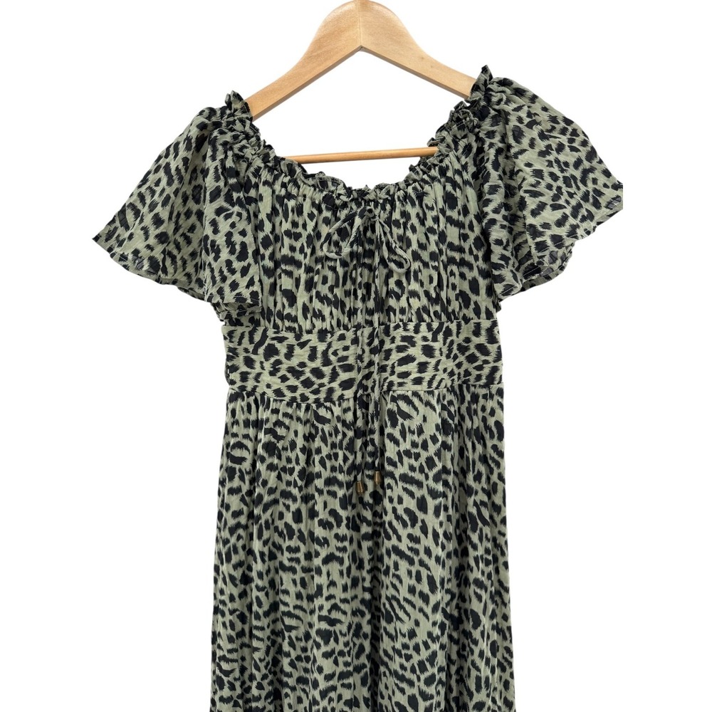 Petal & Pup Womens Olive Green Leopard Pattern Ruffle Off Shoulder Midi Dress 6 - Picture 4 of 6